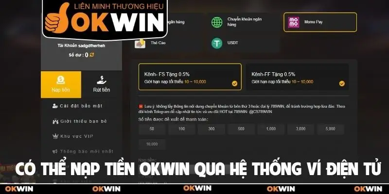 Nạp Tiền Okwin Từ Ngân Hàng, USDT, Thẻ Cào, Ví Điện Tử 3 Có thể nạp tiền Okwin qua hệ thống ví điện tử